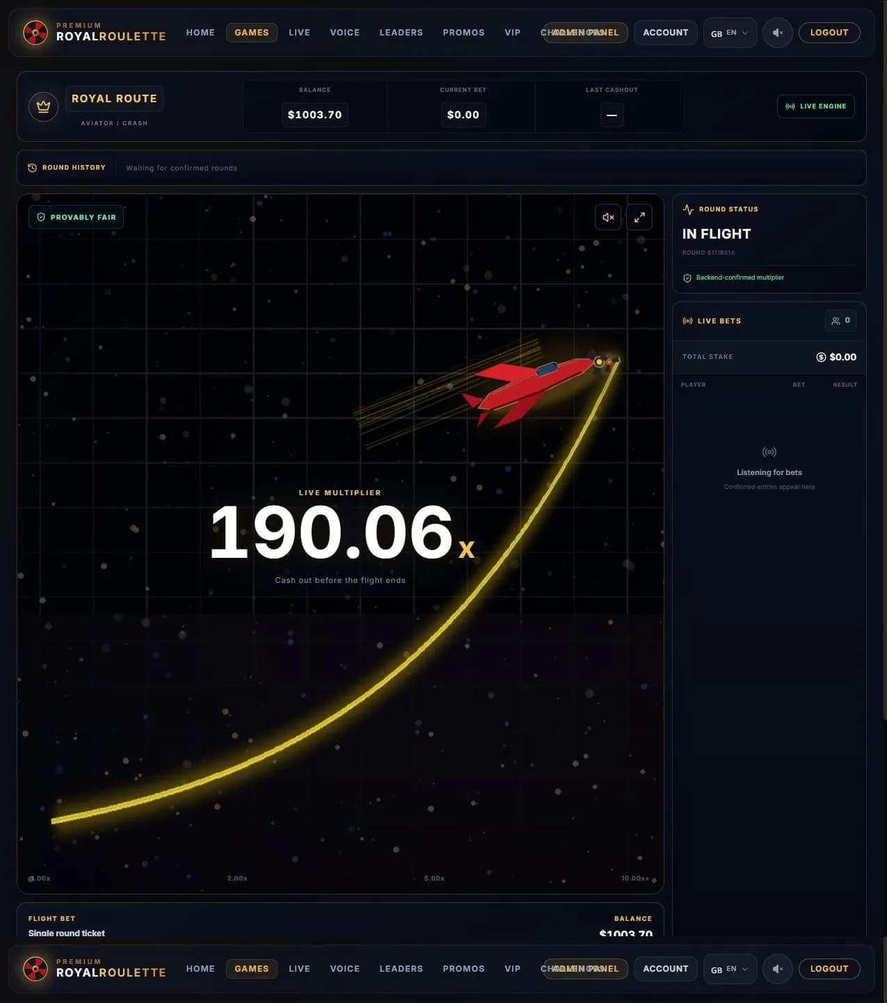 Aviator crash game UI